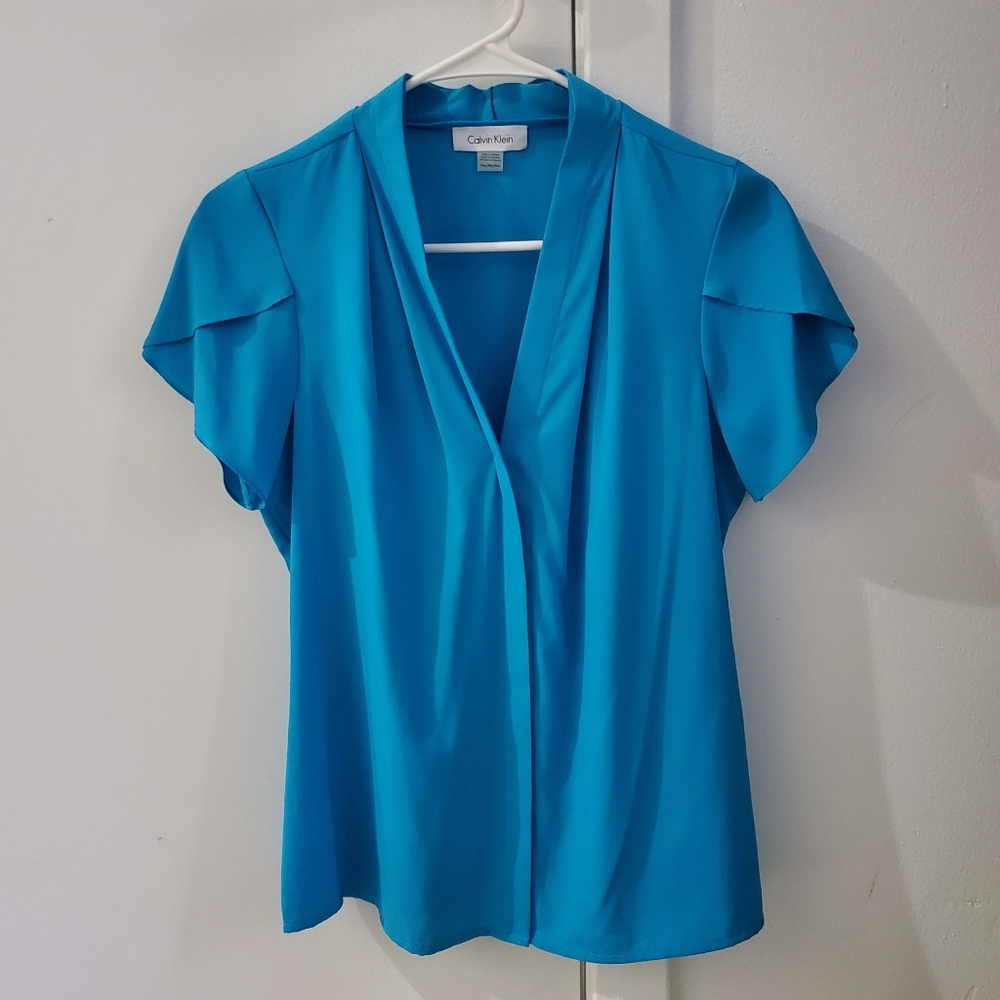 Calvin Klein Bright Turquoise Blue V-Neck Flutter Sleeve Blouse